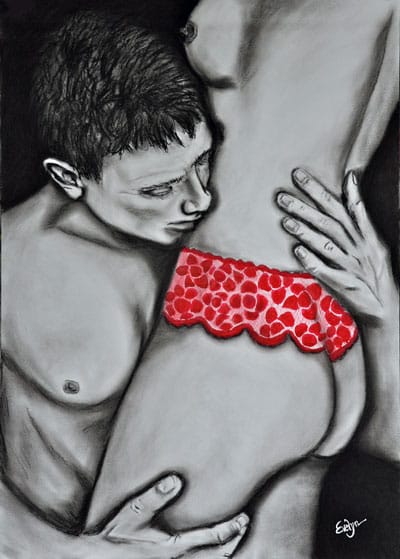 Erotisk tegning | Mand kysser kvindes mave