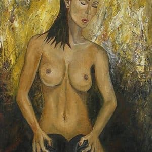 Erotisk maleri af kvinde der holder to hoveder mod sit skød