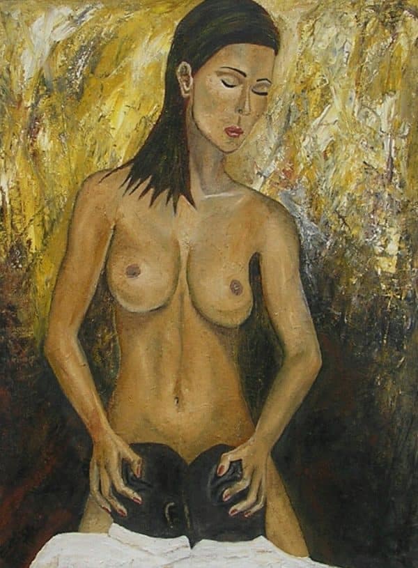 Erotisk maleri af kvinde der holder to hoveder mod sit skød