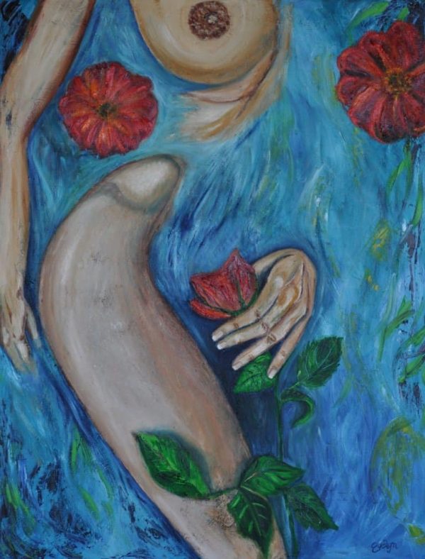 erotisk maleri af nøgen kvinde der ligger i blåt vand med røde blomster