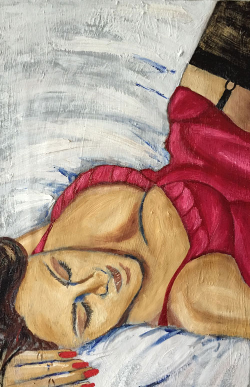erotisk maleri af kvinde der ligger ned i ført strømpeholder