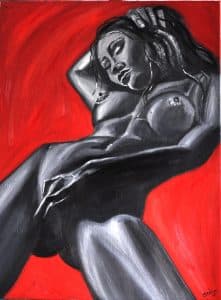 olie maleeri i sort hvid og rød af erotisk kvinde