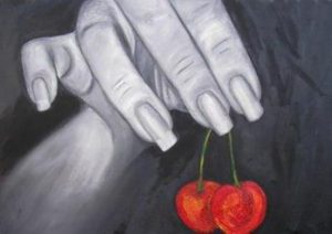 Maleri Cherished Moment en kvindehånd der holder et kirsebær