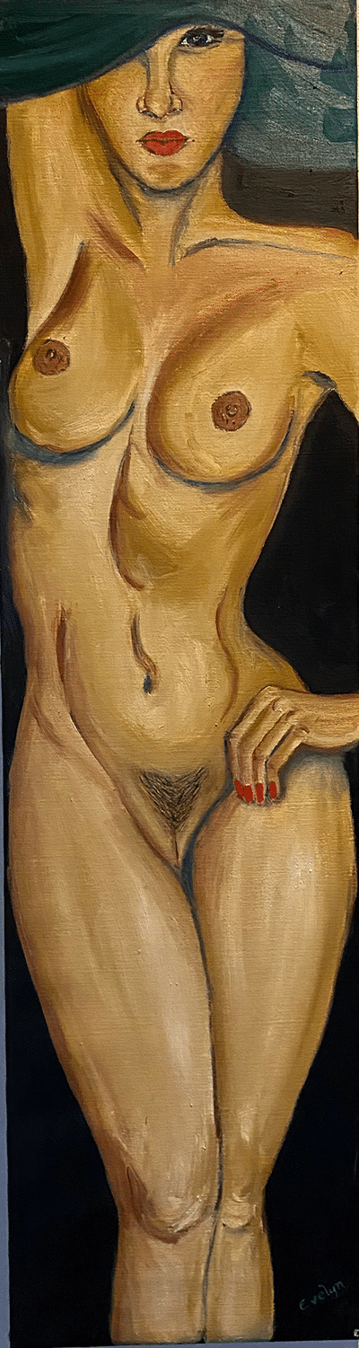 Maleri nøgen kvinde | Brede hofter | Røde negle