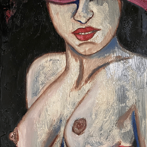 abstrakt maleri kvindeansigt med stor hat