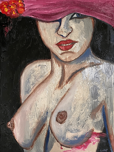 abstrakt maleri kvindeansigt med stor hat